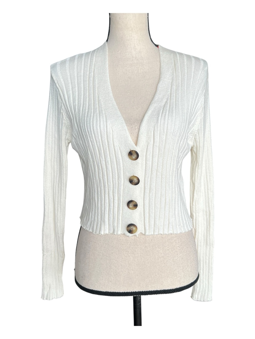 Lovely Denim Crop Women's Off White Ribbed V-Neck Button Cardigan Sweater Size M